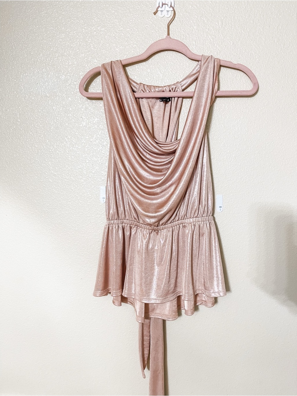 BKE Metallic Rose Gold Cowl Neck Peplum Tie-Back Camisole